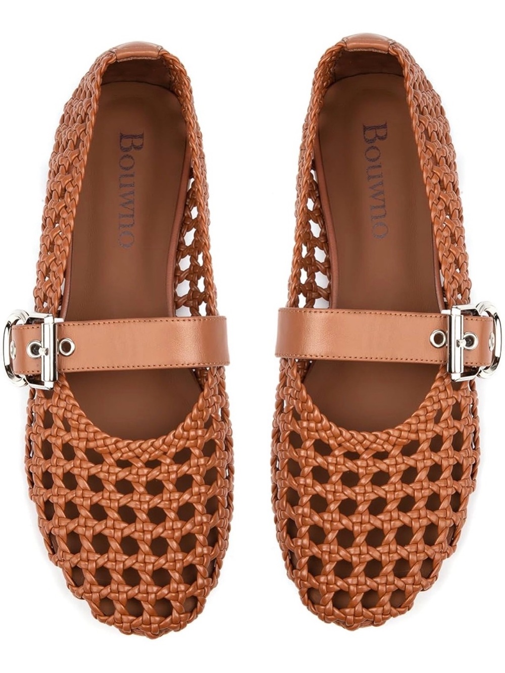 Tan Woven Leather Mary Jane Flats